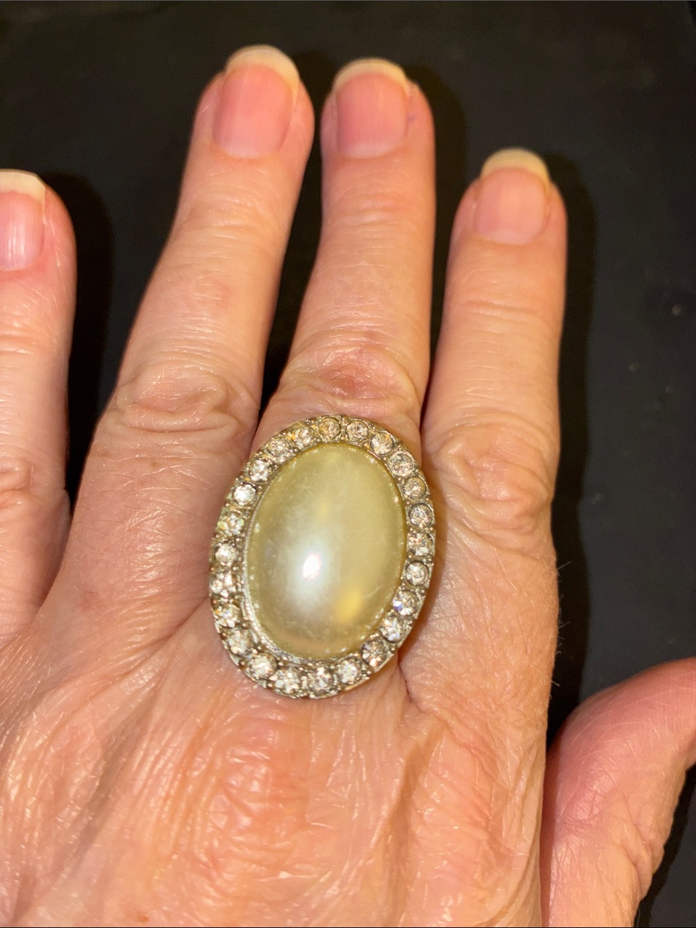 Elegant Cream Cabochon & Crystal Halo Statement Stretch Ring